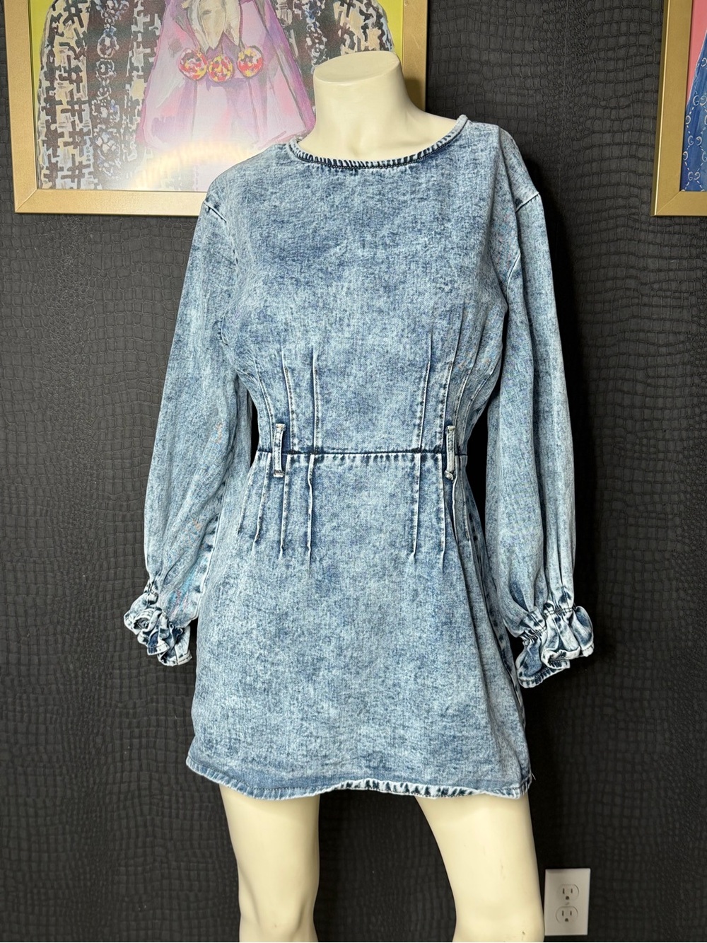 Nasty Gal Acid-Wash Light Blue Denim Mini Dress with Puff Sleeves
